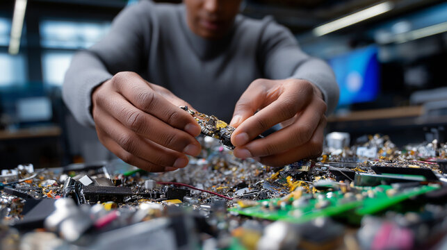 Anonymous sorter's hands separating components with blurred torso and focused obsolete electronics mass, with copy space