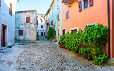 Colorful narrow street with old stone houses and green plants in pots in a historic Mediterranean town