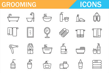 Flat line vector icons of soap, mirror, towel, and bath items for design use.