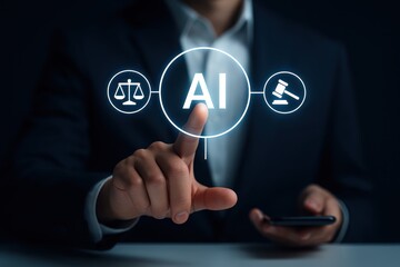 AI in legal technology concept showing a businessman using virtual interface with justice scale and gavel icons. Artificial intelligence transforming law, legal research, and court decision-making.