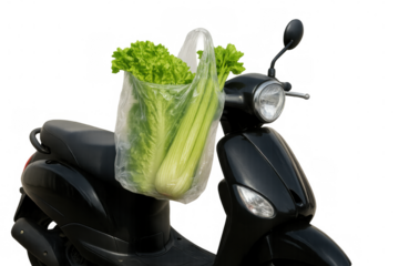 Scooter delivering fresh groceries: plastic bag with lettuce and celery on a black moped, transparent background