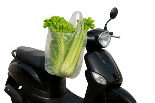 Scooter delivering fresh groceries: plastic bag with lettuce and celery on a black moped, transparent background
