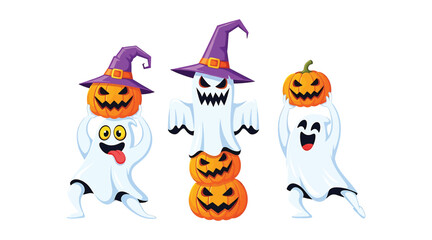 Vector art of three cute ghosts are holding pumpkins on a, wearing witch hats, smiling and celebrating halloween