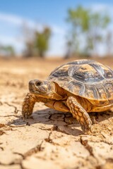 Fototapeta premium Tortoise slowly crossing cracked desert ground, showcasing resilience in harsh environment, symbolizing endurance and survival in arid landscapes