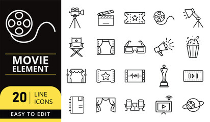 Collection of hand drawn movie and cinema icons for film production