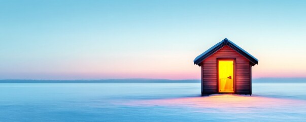 Cabin on Frozen Lake Warm Light Amidst the Cold,Winter cabin,Lake house