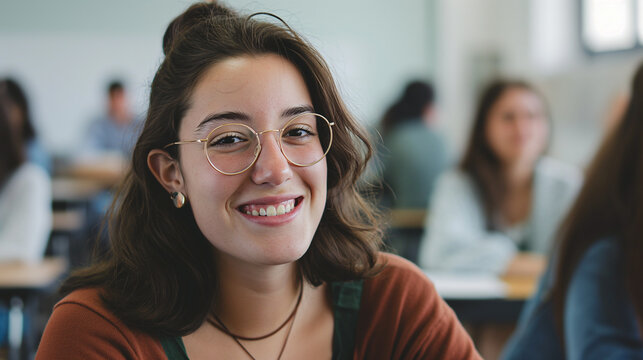 Retrato de estudante universit&aacute;ria feliz em sala de aula, usando &oacute;culos.