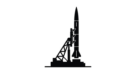 Black silhouette of a rocket on a launch pad structure