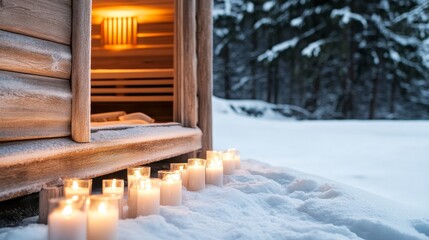 Candlelit Sauna in Winter Landscape Cozy Spa Retreat, Relaxation, Candles