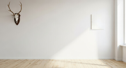 Bright interior with white wall, wooden floor and deer head on the wall