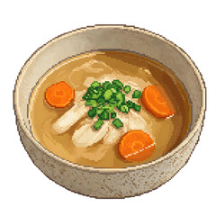 Pixel Art Bowl of Savory Soup with Sliced Carrots and Green Onions food illustration broth isolated on a transparent background