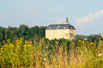 Fulnec historic castle on a hill surrounded by forest and wildflowers in summer landscape