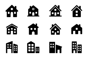 Grid of Twelve Flat Black House and City Building Icons on White Background, Minimalist Real Estate Symbols