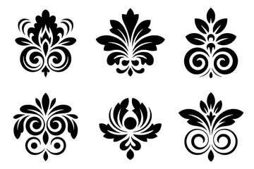 A grid of six elegant, solid black, symmetrical floral and scrollwork ornamental design elements in varying styles, presented on a pure white background.