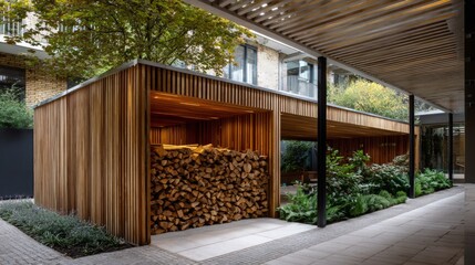 Modern wooden structure featuring stacked logs and lush greenery in an urban courtyard setting
