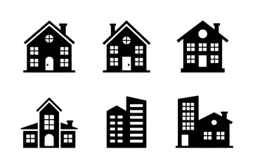 Six Flat Black and White House and Building Icons in a Grid, Featuring Distinct Residential and Modern Architecture Silhouettes with Cutout Windows and Doors on a White Background