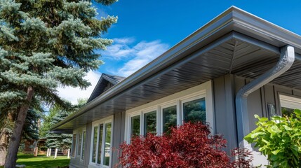 Modern house exterior with vibrant landscaping under clear blue sky in a calm neighborhood