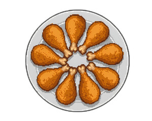 Pixel Art Fried Chicken Drumsticks Arranged in a Circle on a Plate food meal isolated on a transparent background