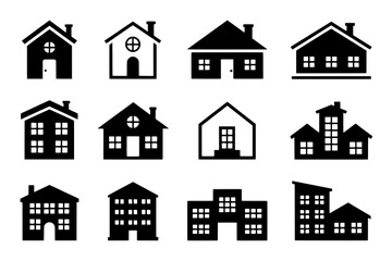 Set of 12 Flat Black and Outlined House and Building Icons on White, Featuring Varied Architectural Styles, Roofs, Windows, and Doors, Arranged in a Grid