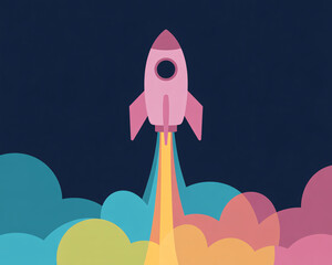 Vibrant pink rocket blasting off through colorful clouds against a deep navy sky, symbolizing innovation and new beginnings.