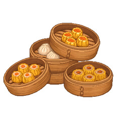 Pixel Art Dim Sum and Steamed Buns in Bamboo Steamer Baskets image graphic isolated on a transparent background