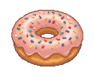 Pixel art pink frosted donut with colorful sprinkles on black background doughnut food isolated on a transparent background