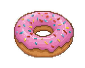 Pixel Art Pink Frosted Donut with Sprinkles on Black doughnut frosting isolated on a transparent background