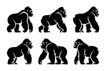 Six Black Gorilla Silhouette Icons with White Highlights. Varied Quadrupedal Poses in a Grid on a White Background.
