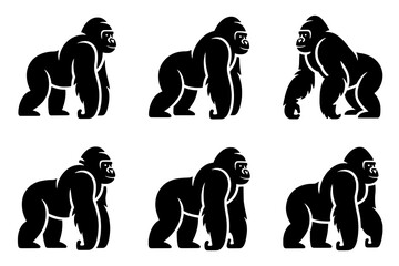 Six Stylized Solid Black Gorilla Silhouettes with White Details, Arranged in a 2x3 Grid on a White Background, Depicting Subtle Variations in Knuckle-Walking Poses