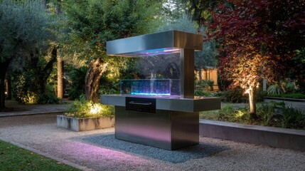 Modern outdoor barbecue station in a garden setting features colorful lighting and sleek design