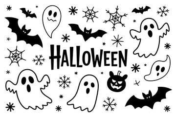 High-contrast Black and White Halloween Doodle Set with Ghosts, Bats, Spiderwebs, and Jack-o'-Lantern Scattered Around Bold 'HALLOWEEN' Text on a Clean White Background in a Playful, Hand-drawn Style