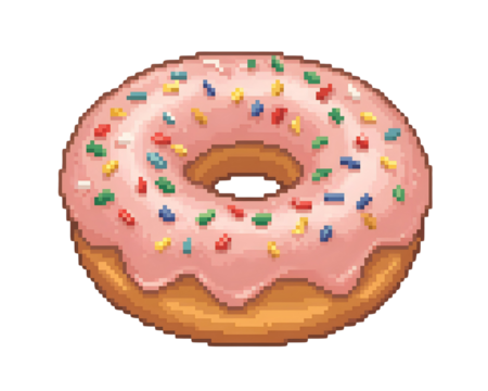 Pixel art pink frosted donut with colorful sprinkles on black background doughnut food isolated on a transparent background - Powered by Adobe