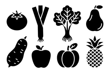 A grid of eight minimalist black and white fruit and vegetable glyph icons, combining solid and outlined elements for diverse produce variety.