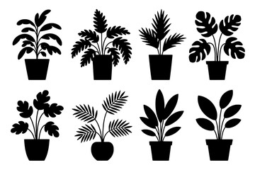 Eight black silhouette indoor plants in pots, featuring diverse leaf shapes and pot styles arranged in a 2x4 grid on a white background. Minimalist flat vector icons of potted houseplants.