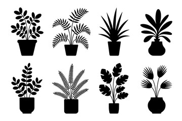 Eight solid black silhouette icons of diverse potted indoor plants, arranged in a two-row, four-column grid on a white background.