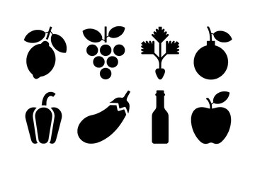 Eight Solid Black Flat Design Food and Drink Icons in a Grid, Featuring Fruits, Vegetables, and a Bottle on White Background