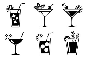 A collection of six minimalist black and white cocktail and beverage icons, depicting various drinks in different glass styles with specific garnishes, arranged in a grid.
