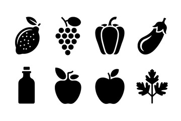 Collection of Solid Black Glyph Icons Featuring Fruits, Vegetables, and a Bottle, Arranged in a Clean Two-Row Grid on a White Background