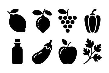 A grid of eight minimalist black and white food icons, featuring fruits, vegetables, and a bottle, presented as flat solid silhouettes with some internal white outlines for detail.