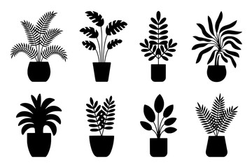 A collection of eight unique solid black silhouette houseplant icons, each in a different pot, arranged in a grid.