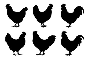 Collection of Six Solid Black Hen and Rooster Silhouettes Arranged in a Grid on a White Background