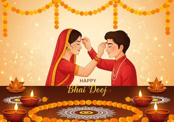 Sacred Bhai Dooj Scene Sister Performing Ritual Prayer in Front of Brother Surrounded by Bright Diyas Lotus Flowers Golden Cloth Backdrop Capturing Spiritual Light and Sibling Bond in Vibrant Colors