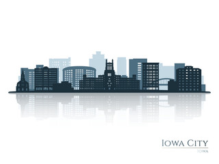 Iowa City skyline silhouette with reflection. Landscape Iowa City, Iowa. Vector illustration.