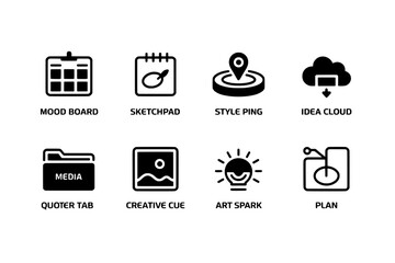 A grid of eight creative process and planning icons in solid black and outline styles on a white background, each with a descriptive text label.