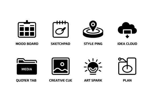 A grid of eight creative process and planning icons in solid black and outline styles on a white background, each with a descriptive text label.