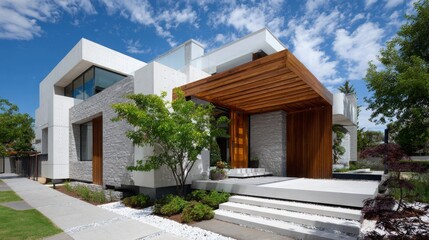 Modern house design featuring natural materials and a spacious entrance in bright daylight