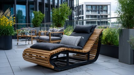 Modern outdoor lounge area with stylish furniture on a balcony in a city setting