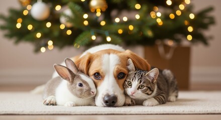 A cute dog, cat, and rabbit cuddling together in front of a Christmas tree. Unlikely animal friends celebrating the holidays. Pet friendship and togetherness concept