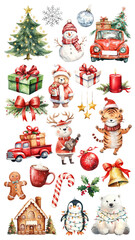 PNG watercolor Christmas decorative element set, transparent background