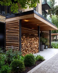 Modern wood storage area with stylish design near contemporary building in a tranquil garden setting